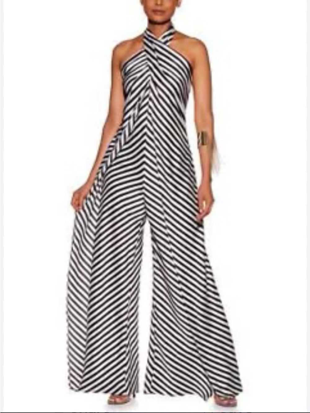 Why brand Striped Halter Wide-Leg Jumpsuit in Black and White